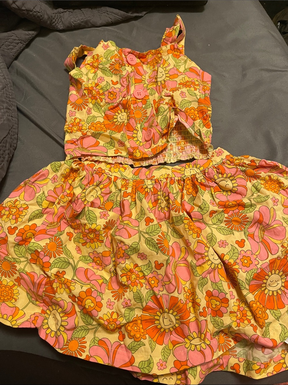 Girls Two-Piece Floral Crop Top & Skirt Set in Yellow, Pink & Orange
